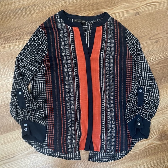 Sanctuary Tribal Border Print Cafe Long Sleeve Roll Tab Blouse Size L - Picture 7 of 10